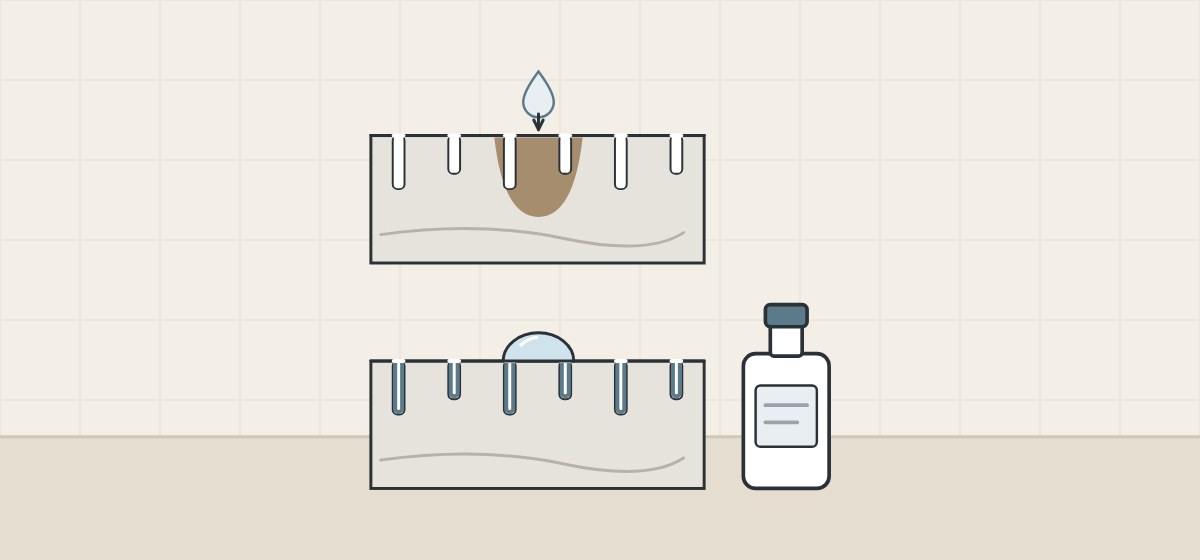 Illustration of a drop soaking into unsealed stone, above a drop beading on stone whose pores are lined with sealer and a sealer bottle