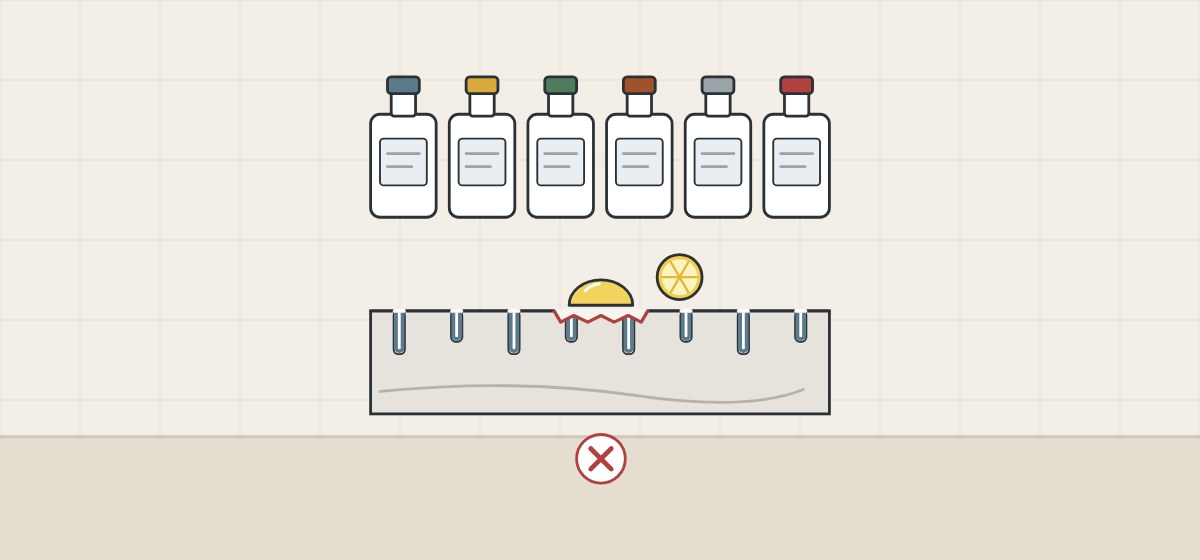 Illustration of six sealer bottles above a sealed stone section etched by an acid drop