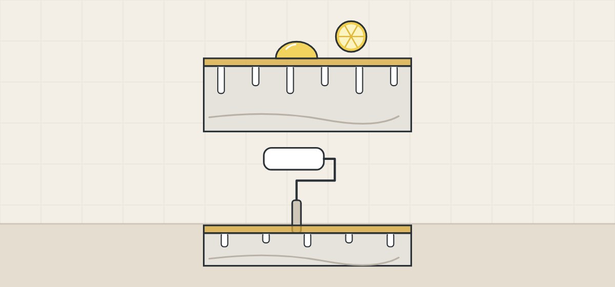 Illustration of a stone section with an acid drop sitting on a film layer over its surface, above a roller applying a layer