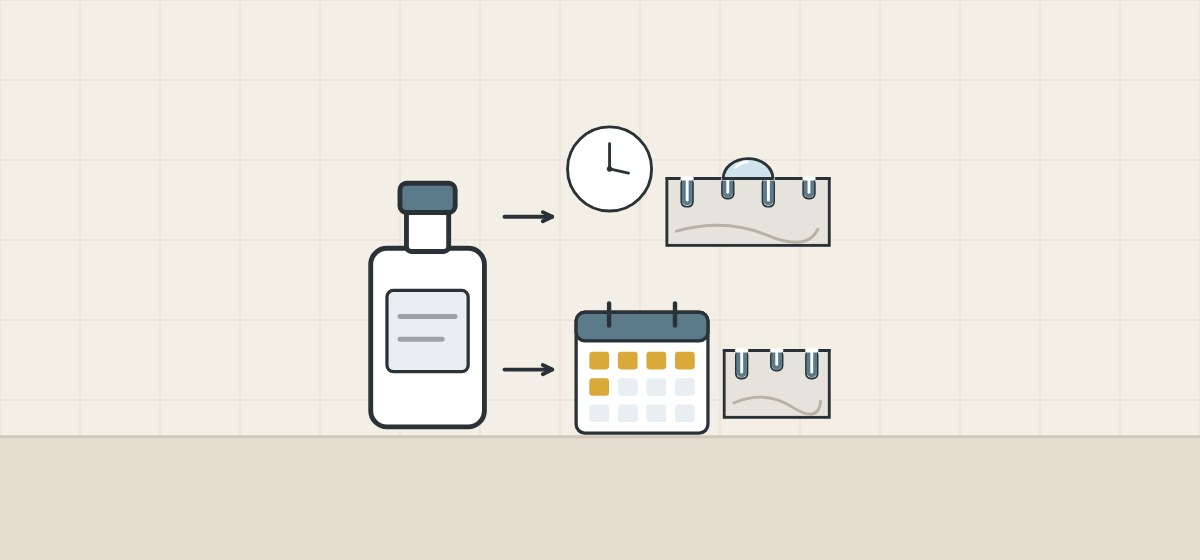 Illustration of a sealer bottle with arrows to a clock and a calendar, each beside a sealed stone section