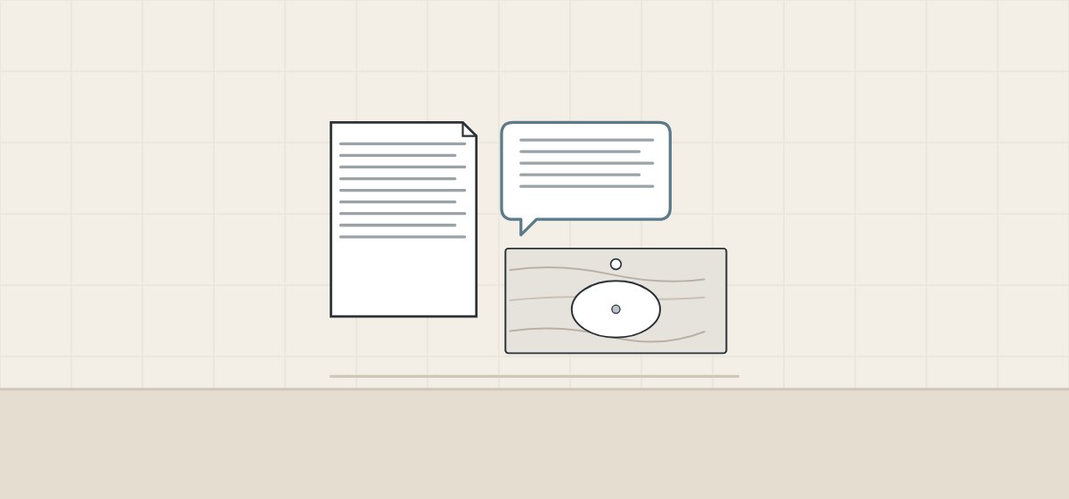 Illustration of a document, a message bubble and a stone vanity top seen from above