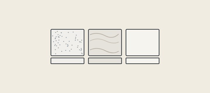 Illustration: three vanity-top samples with their edge strips, one speckled, one veined and one plain