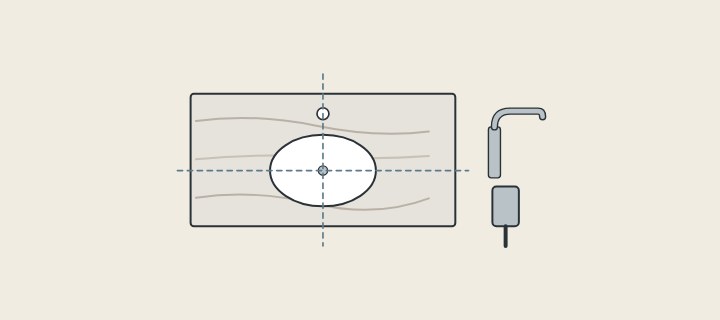 Illustration: a vanity top from above with a basin opening and faucet hole on dashed centrelines, beside a faucet and a drain fitting