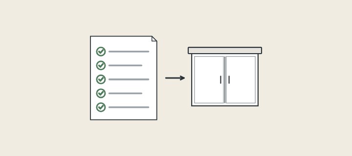 Illustration: a ticked component list with an arrow to a vanity cabinet and top