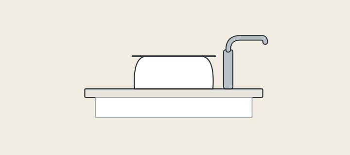 Illustration: a vessel basin standing on a countertop with a tall faucet beside it