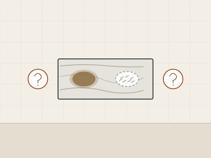 Illustration of a stone slab with a dark stain and a pale etch mark between two question marks