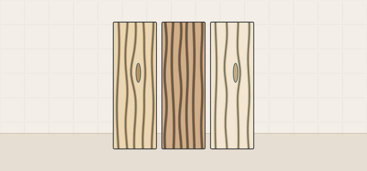 Illustration of three woodgrain samples in different tints, each with relief lines that follow its own printed grain