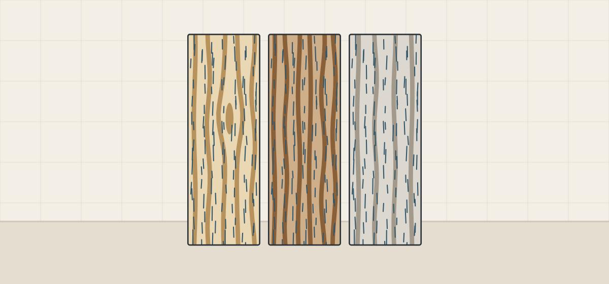 Illustration of three woodgrain samples in different tints that all carry the same field of short relief ticks
