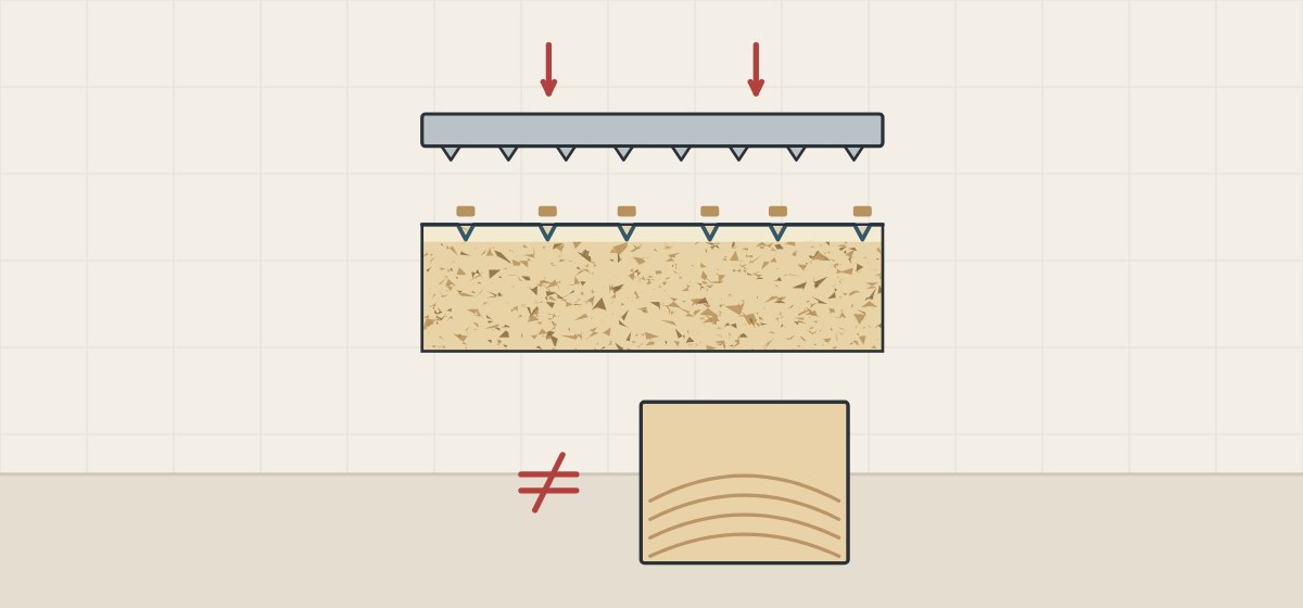 Illustration of a ridged press plate above a faced chip-core board in section, beside a not-equal sign and the end of a solid wood board