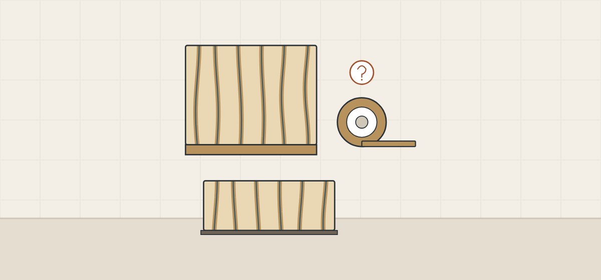 Illustration of a woodgrain board with an edge band, a coil of edge band under a question mark and a thin laminate sheet