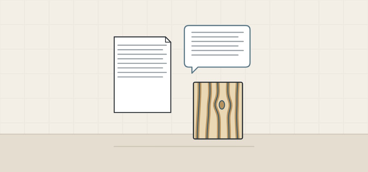 Illustration of a document, a message bubble and a woodgrain sample