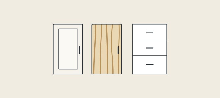 Illustration: a frame-and-panel door, a flat woodgrain door and a three-drawer carcass