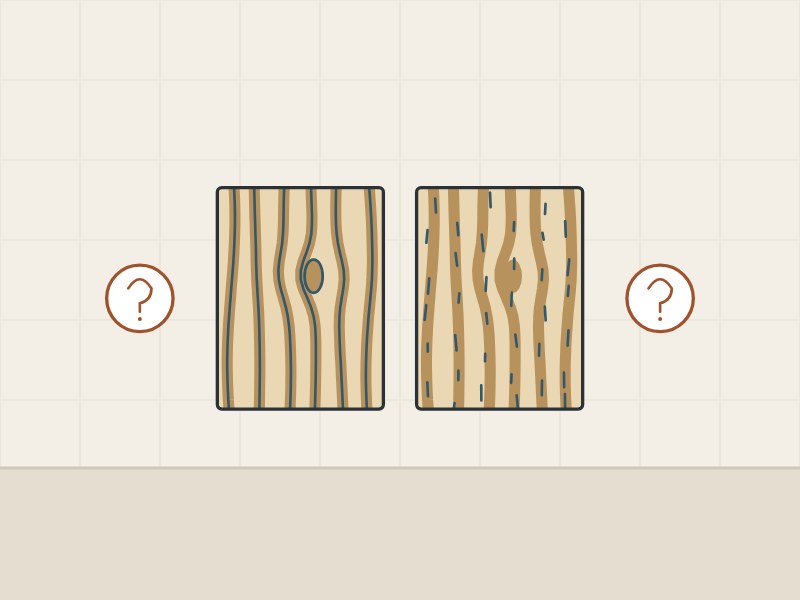 Illustration of two woodgrain samples with different relief between two question marks