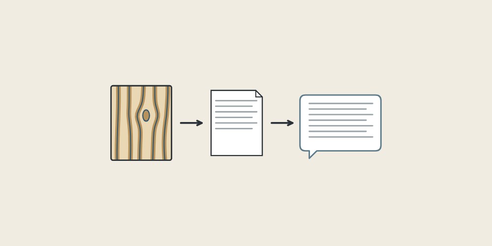 Illustration of a woodgrain sample, a document and a message bubble linked by arrows