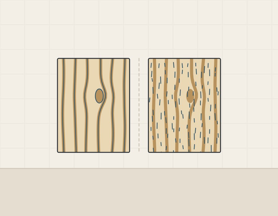 Illustration of two woodgrain samples side by side, one with relief following the printed grain and one with relief ticks that ignore it