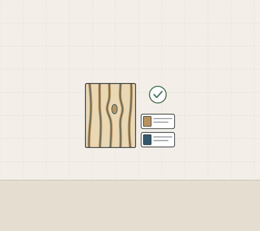 Illustration of a woodgrain sample beside a decor tag and a texture tag, with a check mark