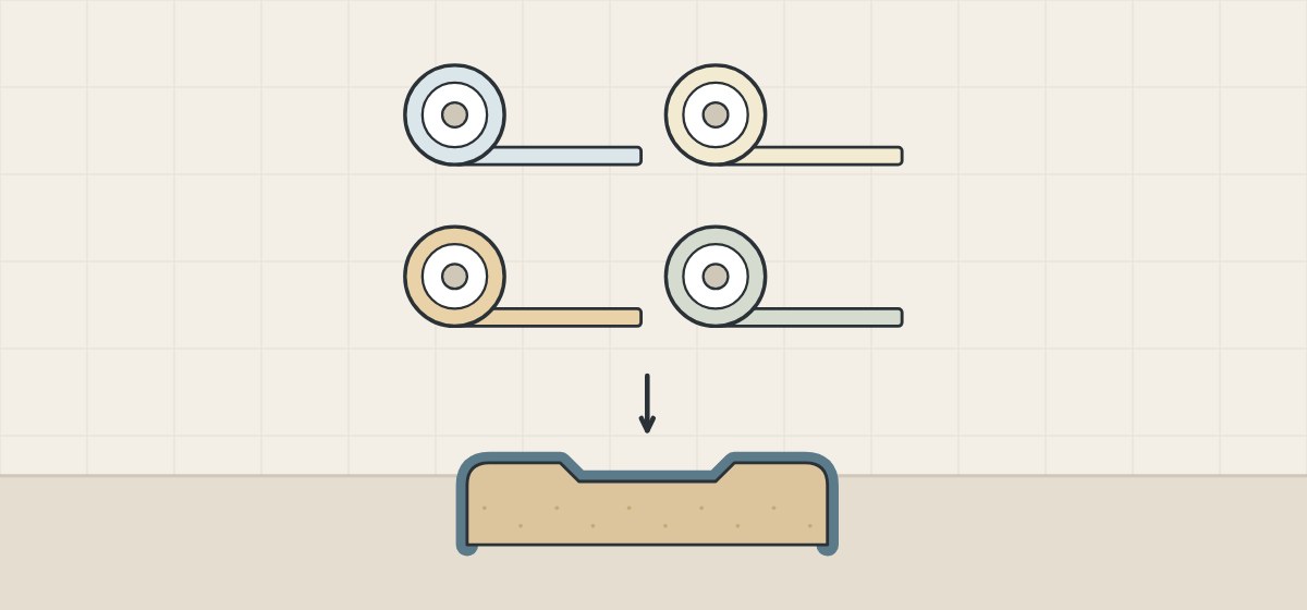 Illustration of four rolls of film in different tints above a door section wrapped with a film