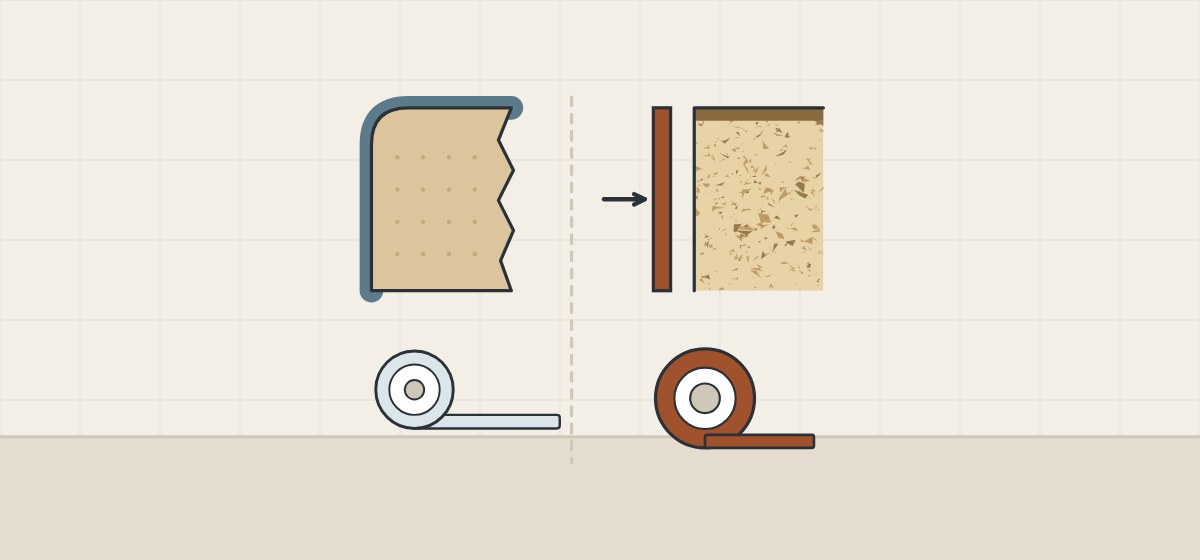 Illustration of a door corner with a film wrapped round its edge beside a board corner with a separate edge band, above a roll of film and a coil of edgeband