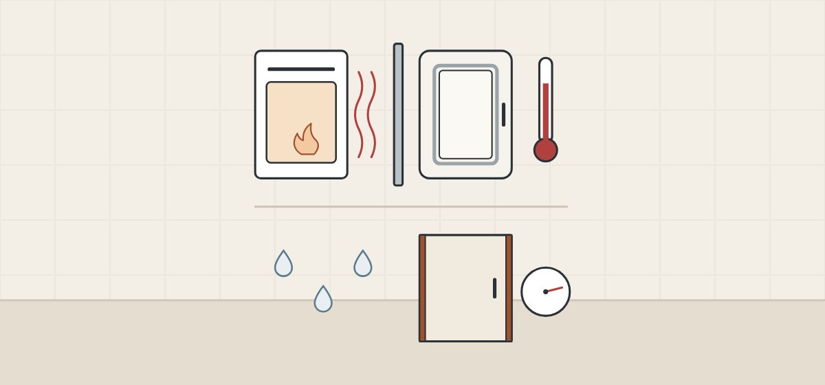 Illustration of an oven, a heat shield, a door front and a thermometer above water drops, a door front and a gauge