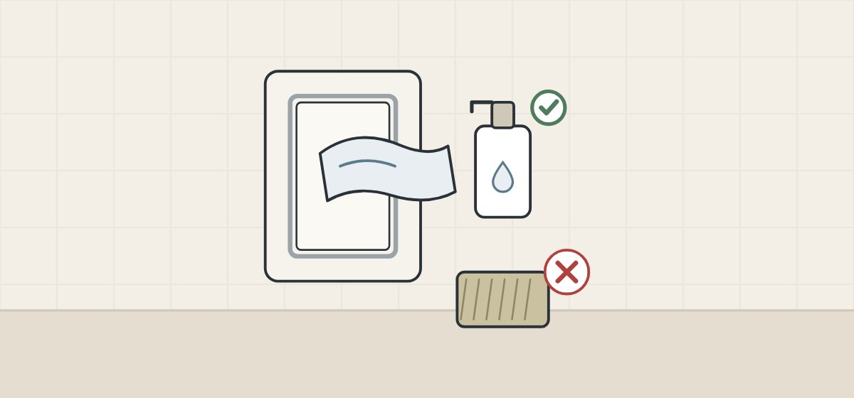 Illustration of a door front wiped with a cloth, a ticked bottle of cleaner and a scouring pad marked with a cross