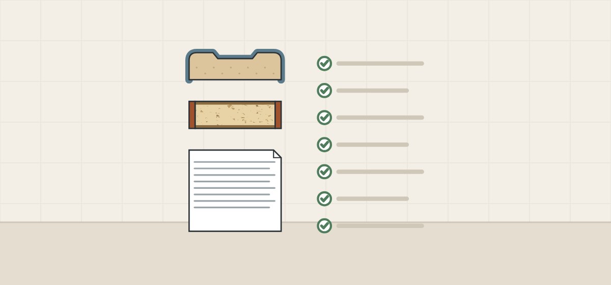 Illustration of a wrapped door section, a banded board section and a document beside a seven-line ticked checklist
