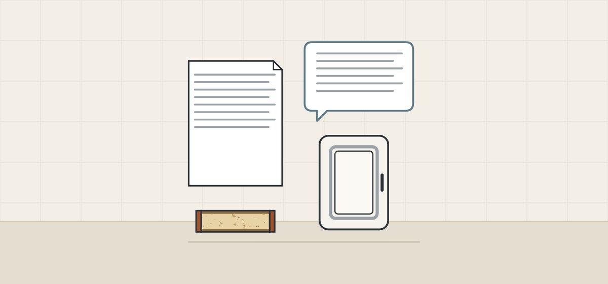 Illustration of a document, a message bubble, a door front and a small board section