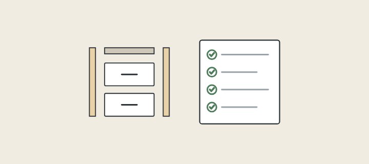 Illustration: cabinet parts laid apart beside a ticked parts list