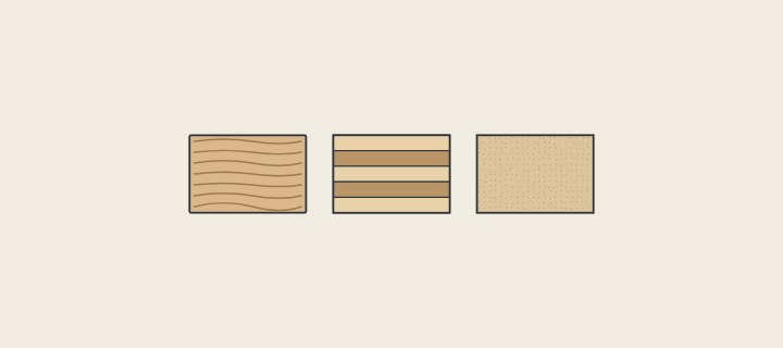 Illustration: three board samples: one with wood grain, one in layers and one with a fine even texture
