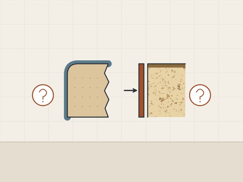 Illustration of a wrapped door corner and a banded board corner between two question marks