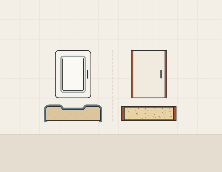 Illustration of a routed door front and a flat door front, each above its cross-section