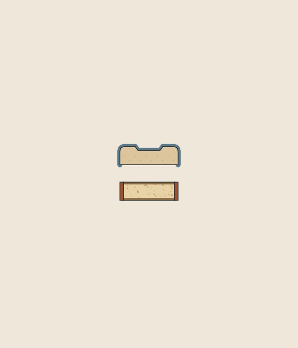 Illustration of a door section with a film over its face and sides above a flat board section with a band on each cut edge