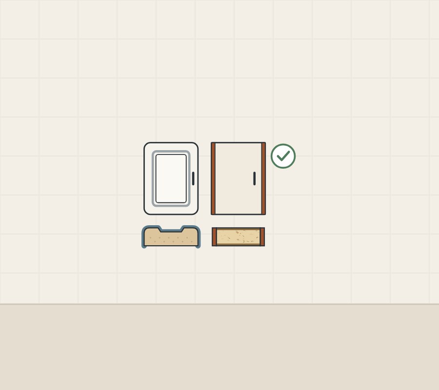 Illustration of a routed door front and a flat door front, each above its section, with a tick