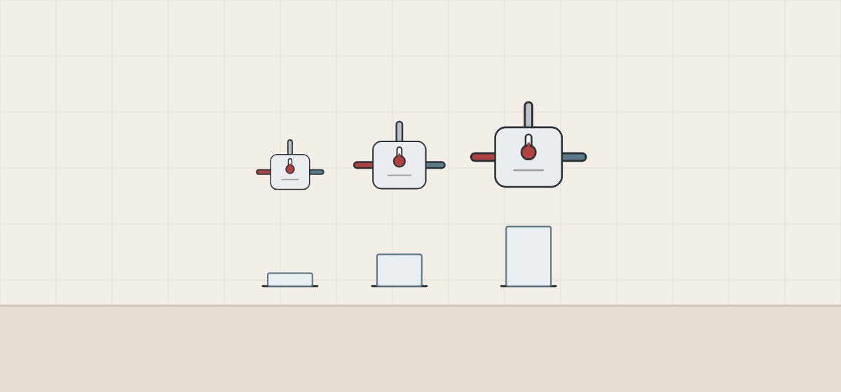 Illustration of three mixing valves of increasing size, each above a bar of a different height