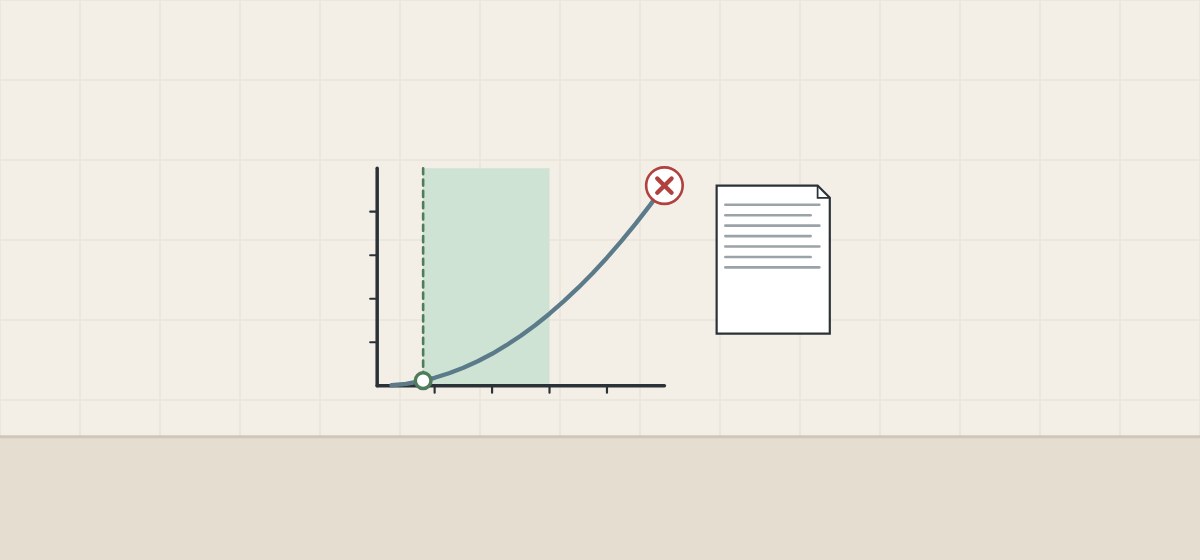 Illustration of a flow chart with a rising curve, a shaded working band, a ringed low-end point and a cross at the top end, beside a data sheet