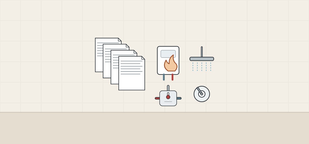 Illustration of four stacked standard documents, a water heater with a mixing valve and a shower head with its own control plate