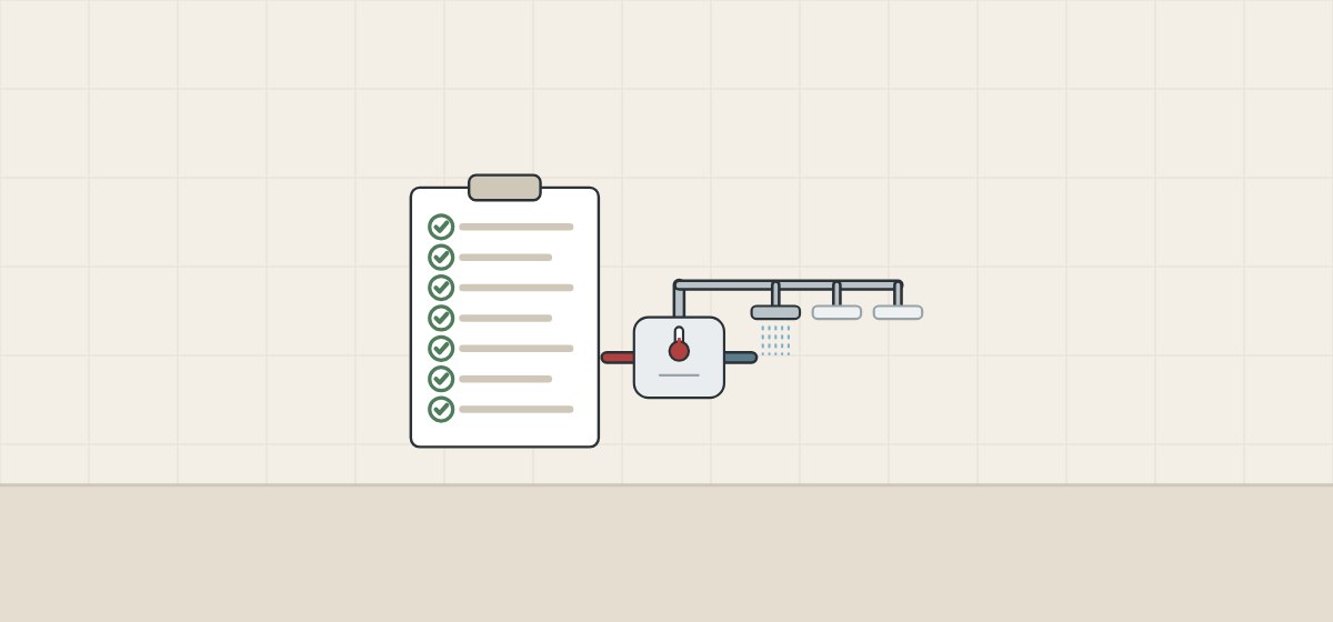 Illustration of a clipboard with seven ticked lines beside a mixing valve feeding three shower heads