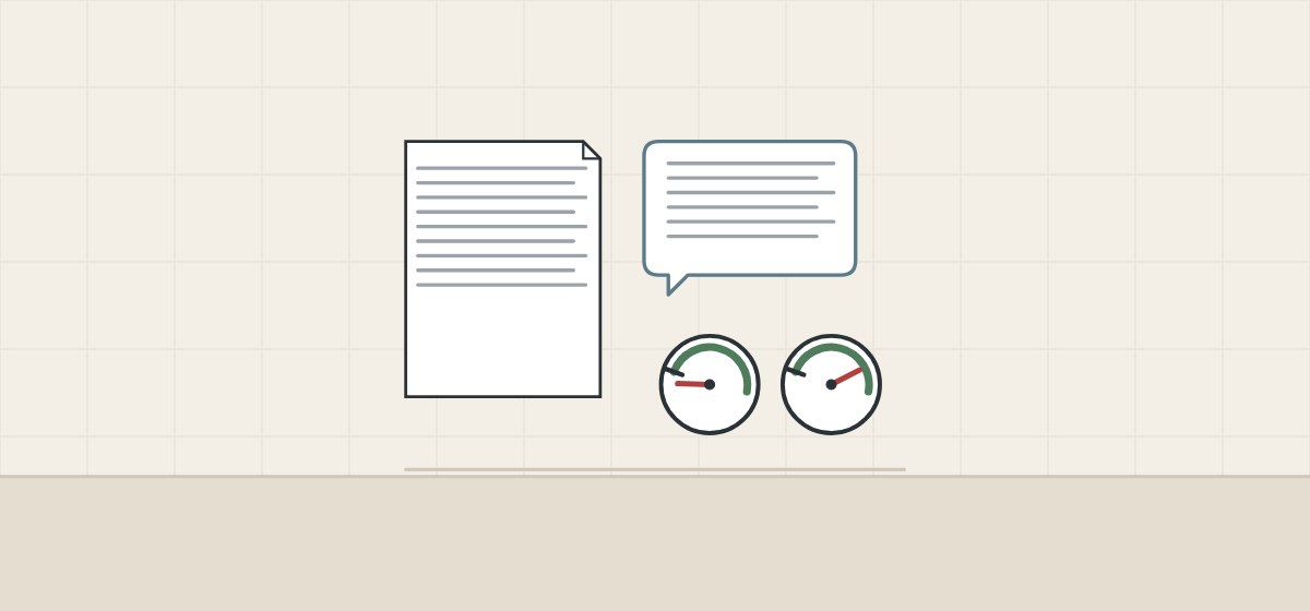 Illustration of a document, a message bubble and two flow dials reading low and high