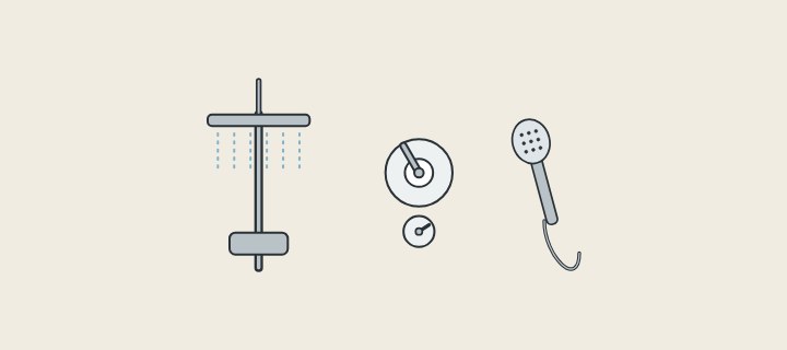 Illustration: an overhead shower on a riser, a two-control wall plate and a hand shower on a hose