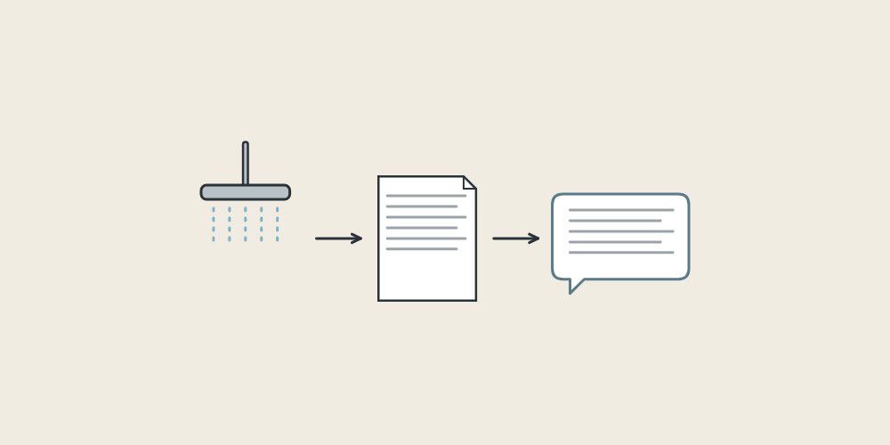 Illustration of a shower head, a document and a message bubble linked by arrows