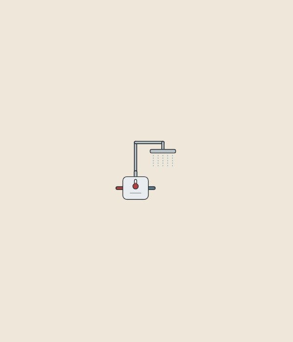 Illustration of a mixing valve with a hot and a cold inlet feeding a single running shower head