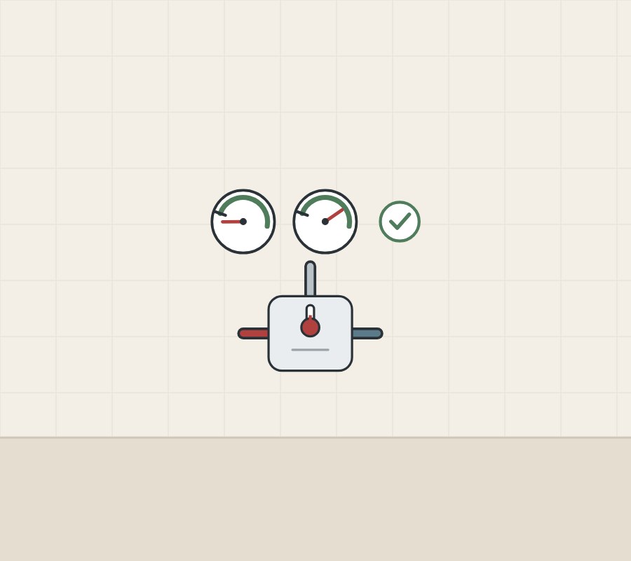 Illustration of a mixing valve below two flow dials reading low and high, with a tick