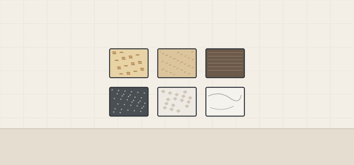 Illustration of six swatches: chipboard, fiberboard, laminate, granite, quartz composite and ceramic panel