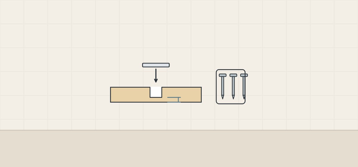 Illustration of a blind hole in a panel with the remaining material marked, a fitting plate and a pack of three screws