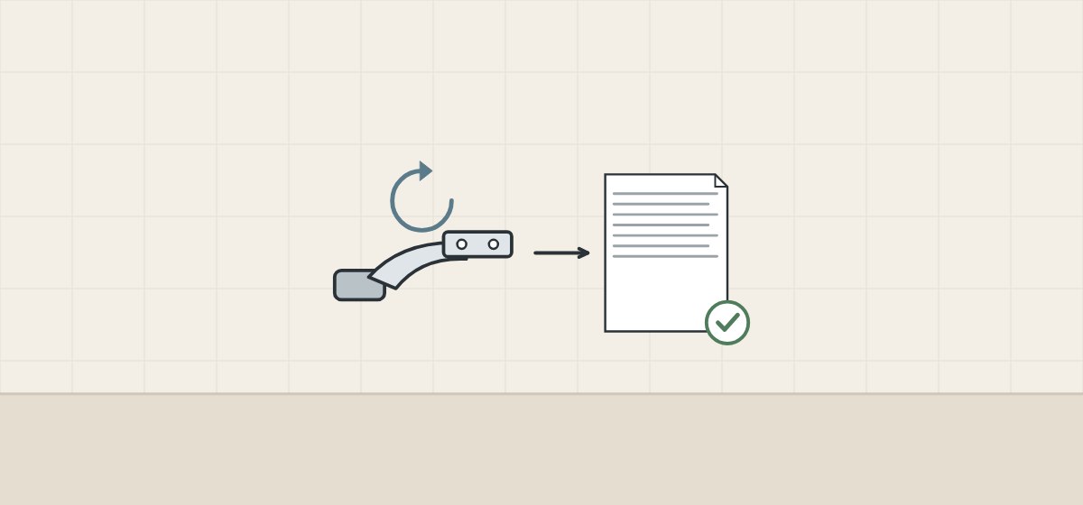 Illustration of a hinge with a circular arrow, a document and a check mark