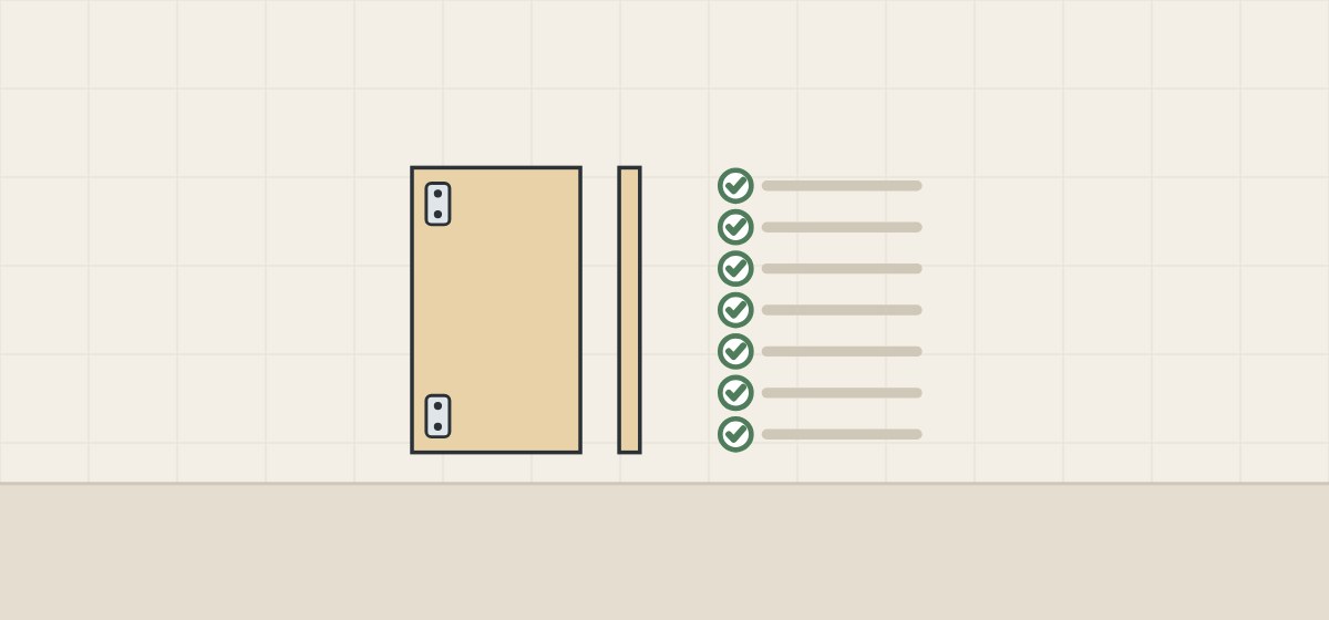 Illustration of a slab door and its thin edge beside a checklist of seven checked lines