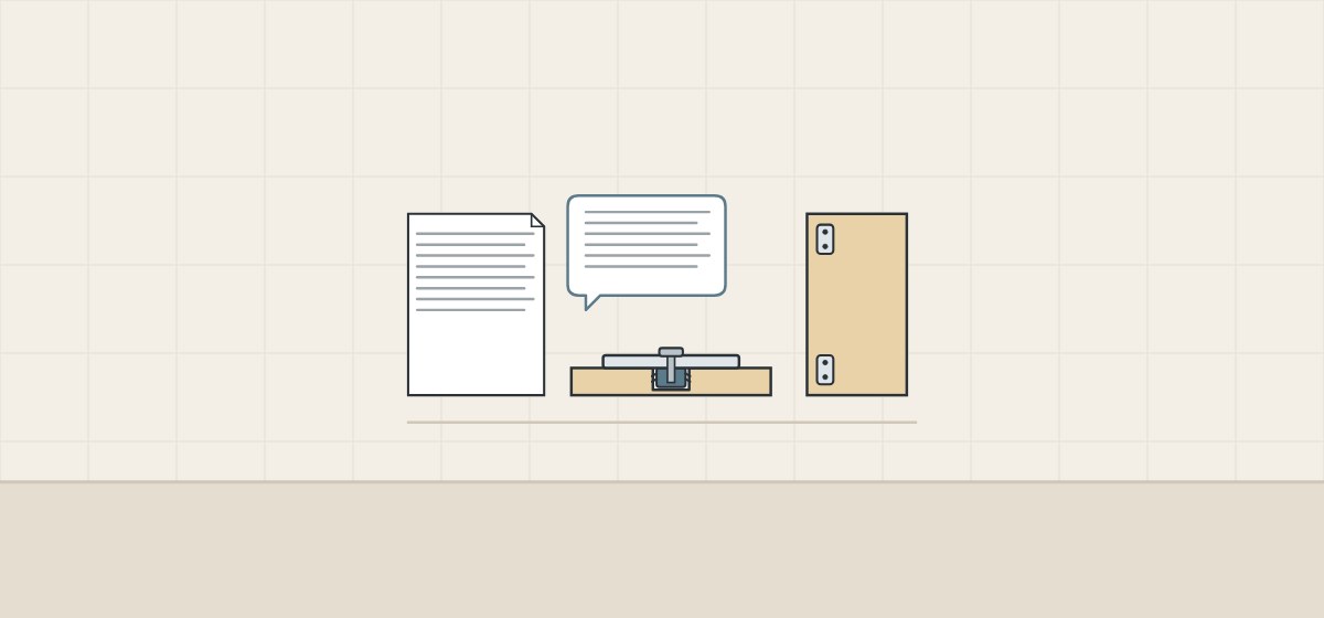 Illustration of a document, a message bubble, a thin panel section with a fitting and a slab door