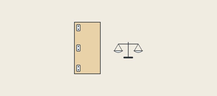 Illustration: a tall cabinet door with three hinges beside a weighing scale