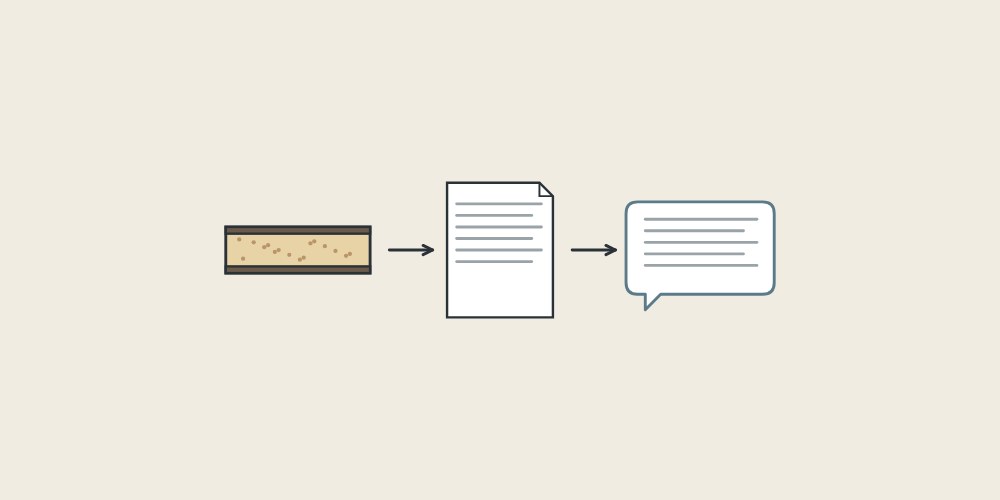 Illustration of a faced panel section, a document and a message bubble linked by arrows