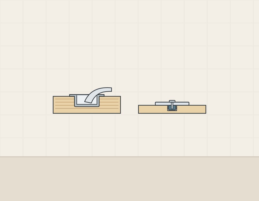 Illustration of a hinge cup set deep into a thick door beside a fitting held in a shallow hole in a thin front
