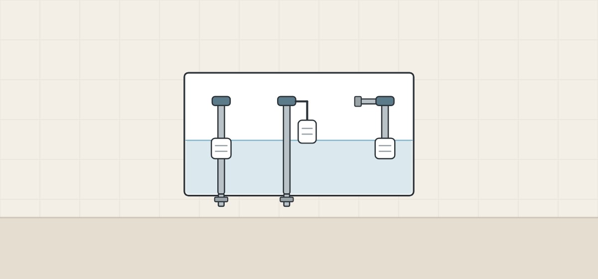 Illustration of three fill valves in one cistern: float on the stem, float beside the stem and side entry